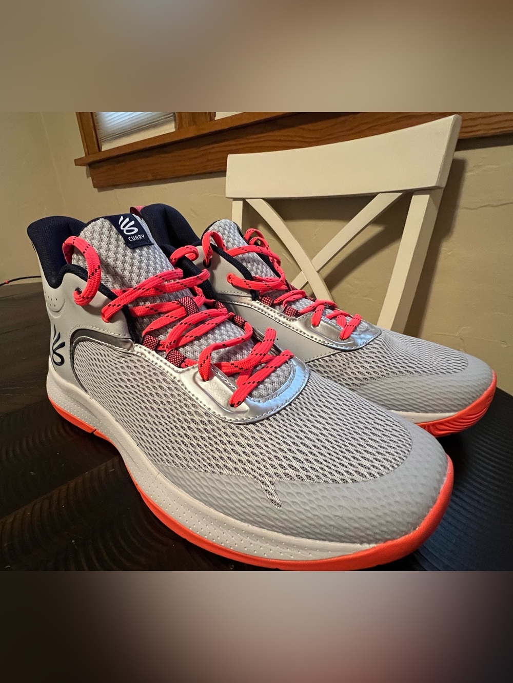 Under Armour Curry Men’s Athletic Sneakers in Gray, Blue trim, Orange Accents